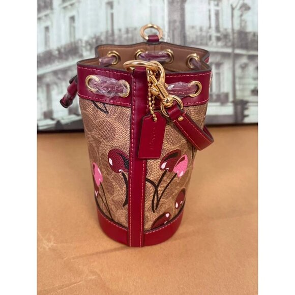 Coach CY738 Mini Bucket Bag In Signature Canvas With Cherry Print IN TAN MULT! - Picture 3 of 6